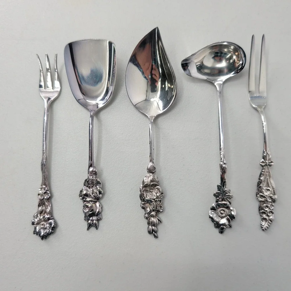 Reed & Barton Silverplate Floral Serving Set 5pc Harlequin Condiment Set of 5